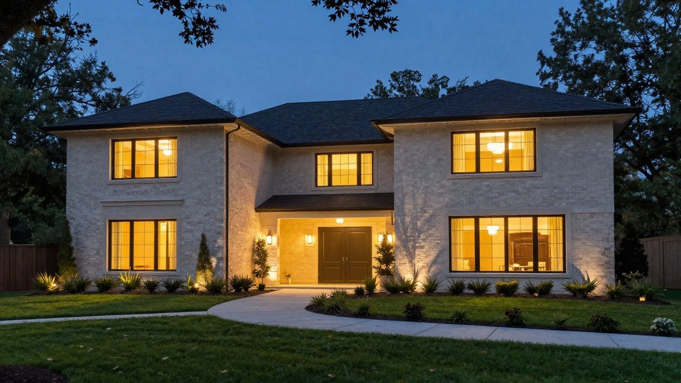 Illuminated modern home with permanent outdoor lighting at night.