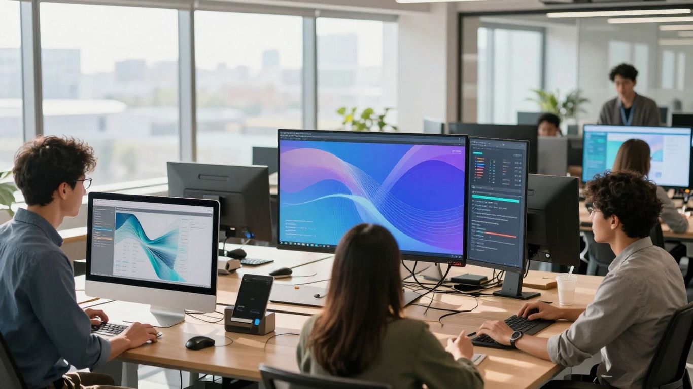 Modern office with professionals using CRM software interfaces.