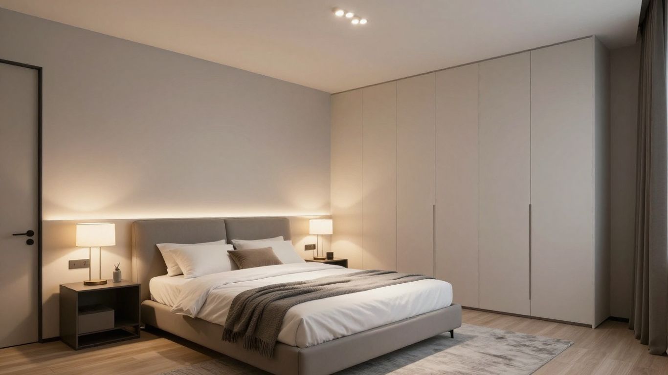 Modern bedroom with contemporary lighting fixtures.