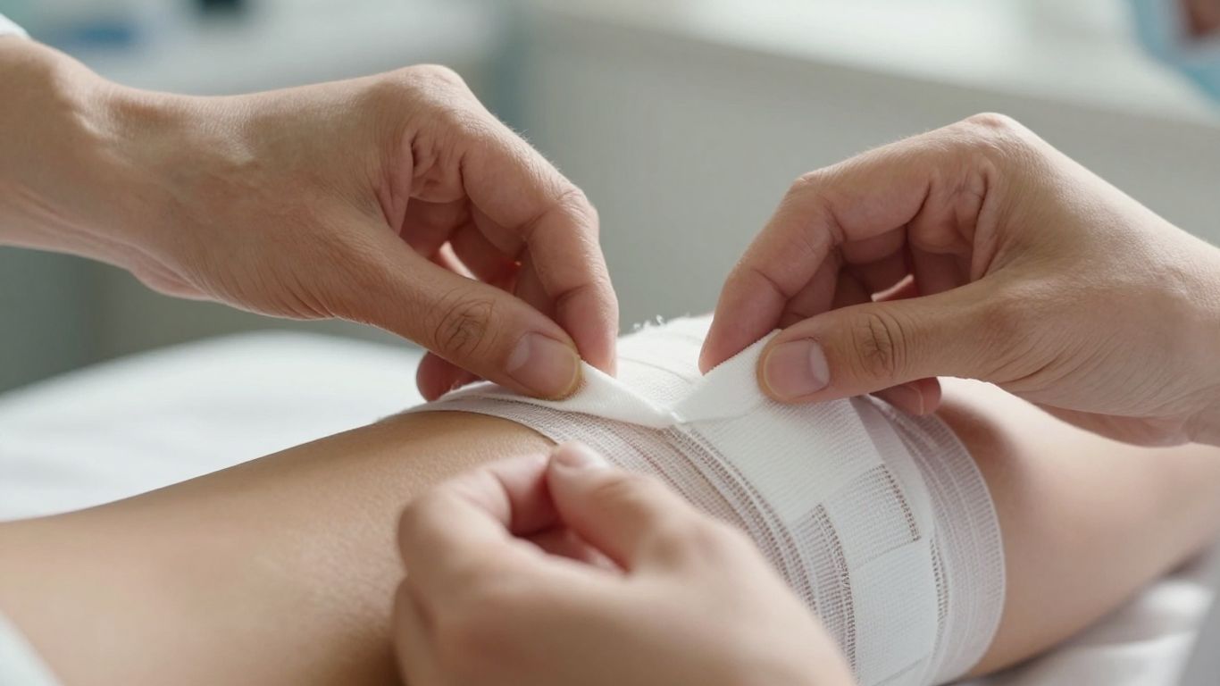 Hands tending to a bandaged wound.
