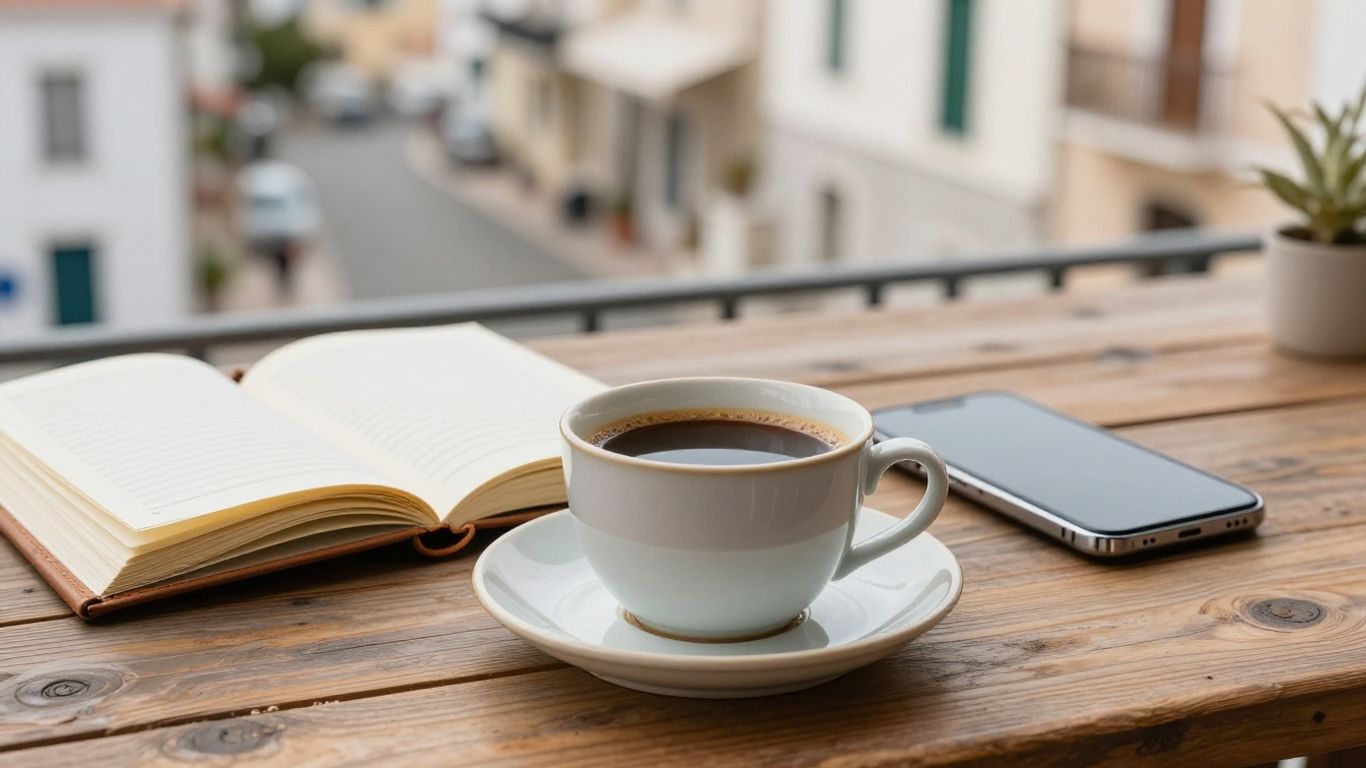Coffee and notebook next to a bright window view
