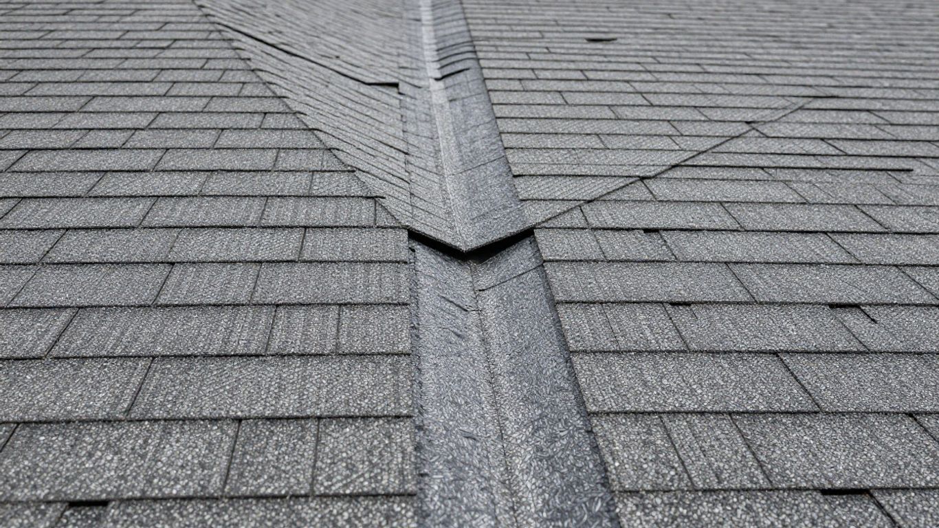 Close-up of shingles meeting at a roof valley.