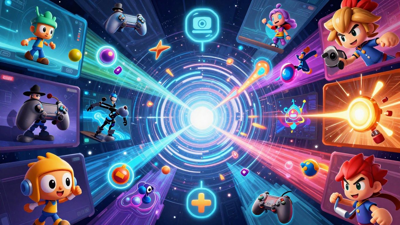 Diverse game interfaces and characters, vibrant and dynamic.