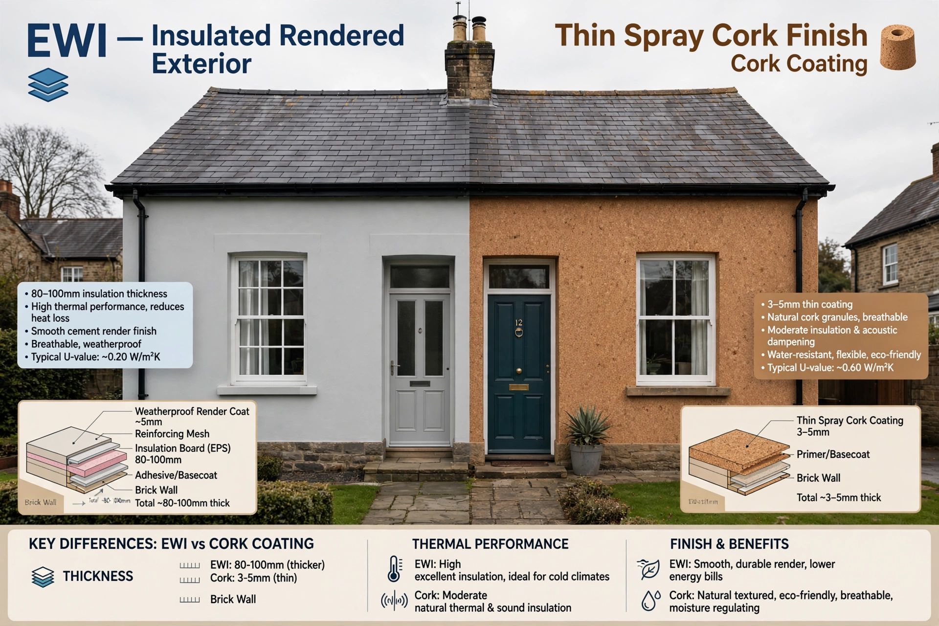 A Bristol home shown with an insulated rendered exterior beside a thin spray cork finish, illustrating the difference between EWI and cork coating