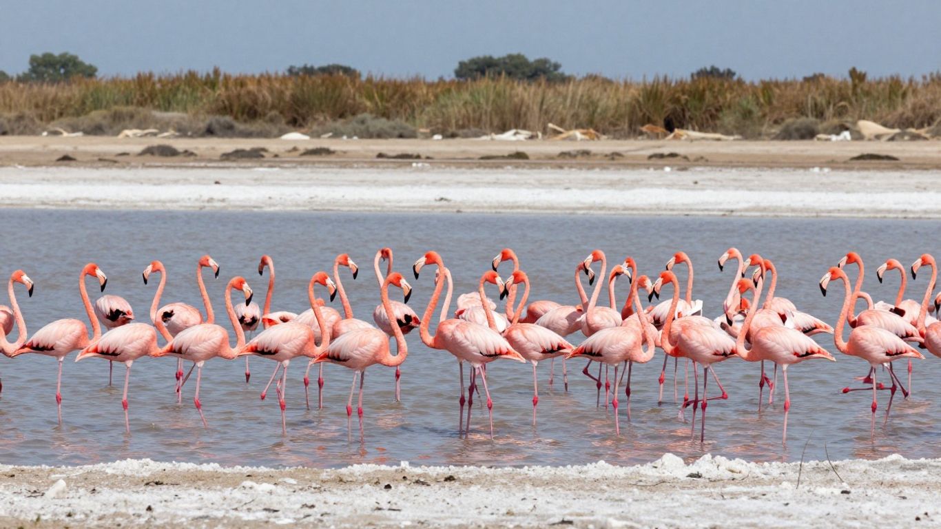 Flamingos gathered beside a Camargue salt lagoon