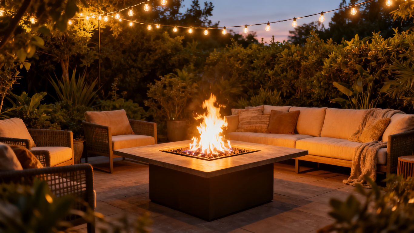 Outdoor living space with a fire pit and seating.