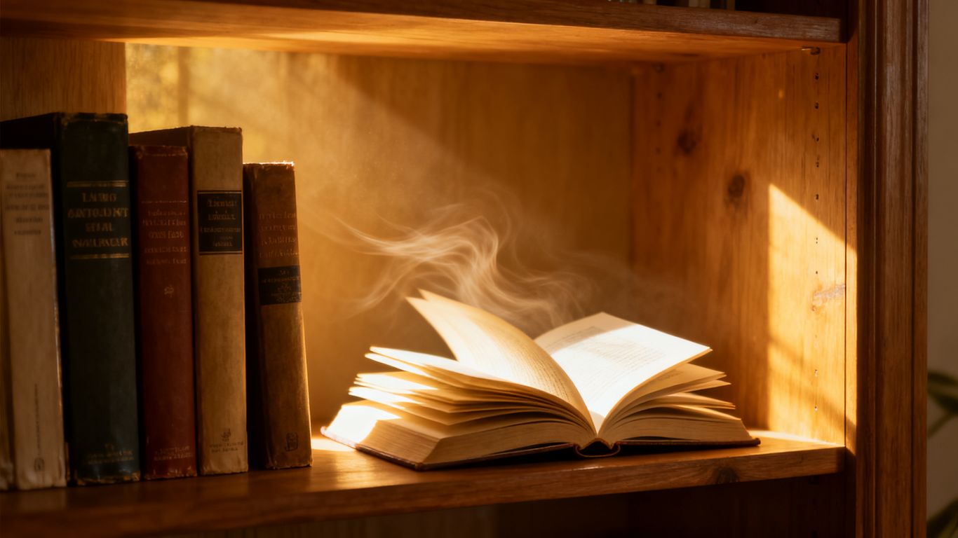 Bookshelf with five books, peaceful atmosphere.