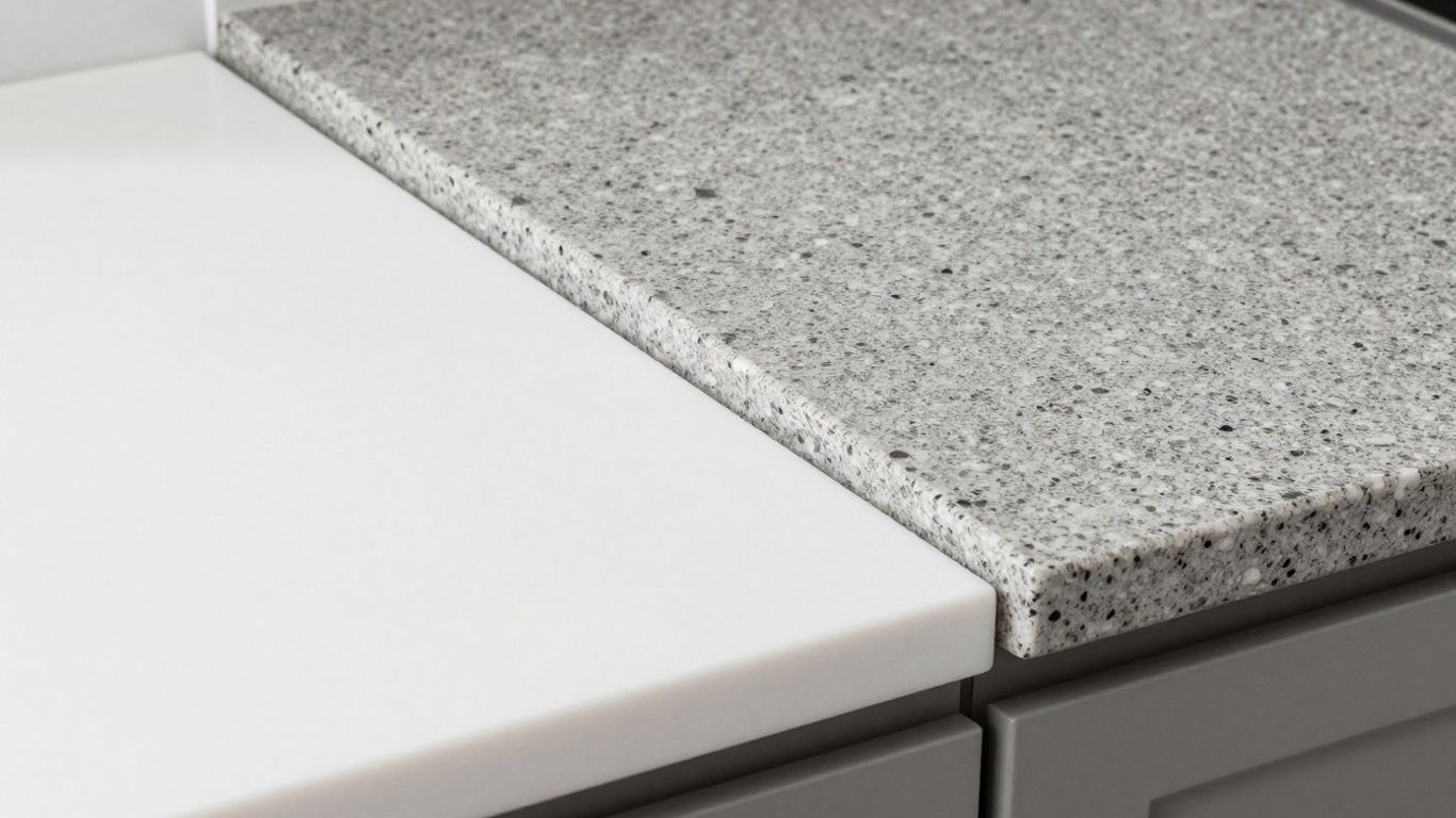 Porcelain and quartz kitchen countertops side-by-side.