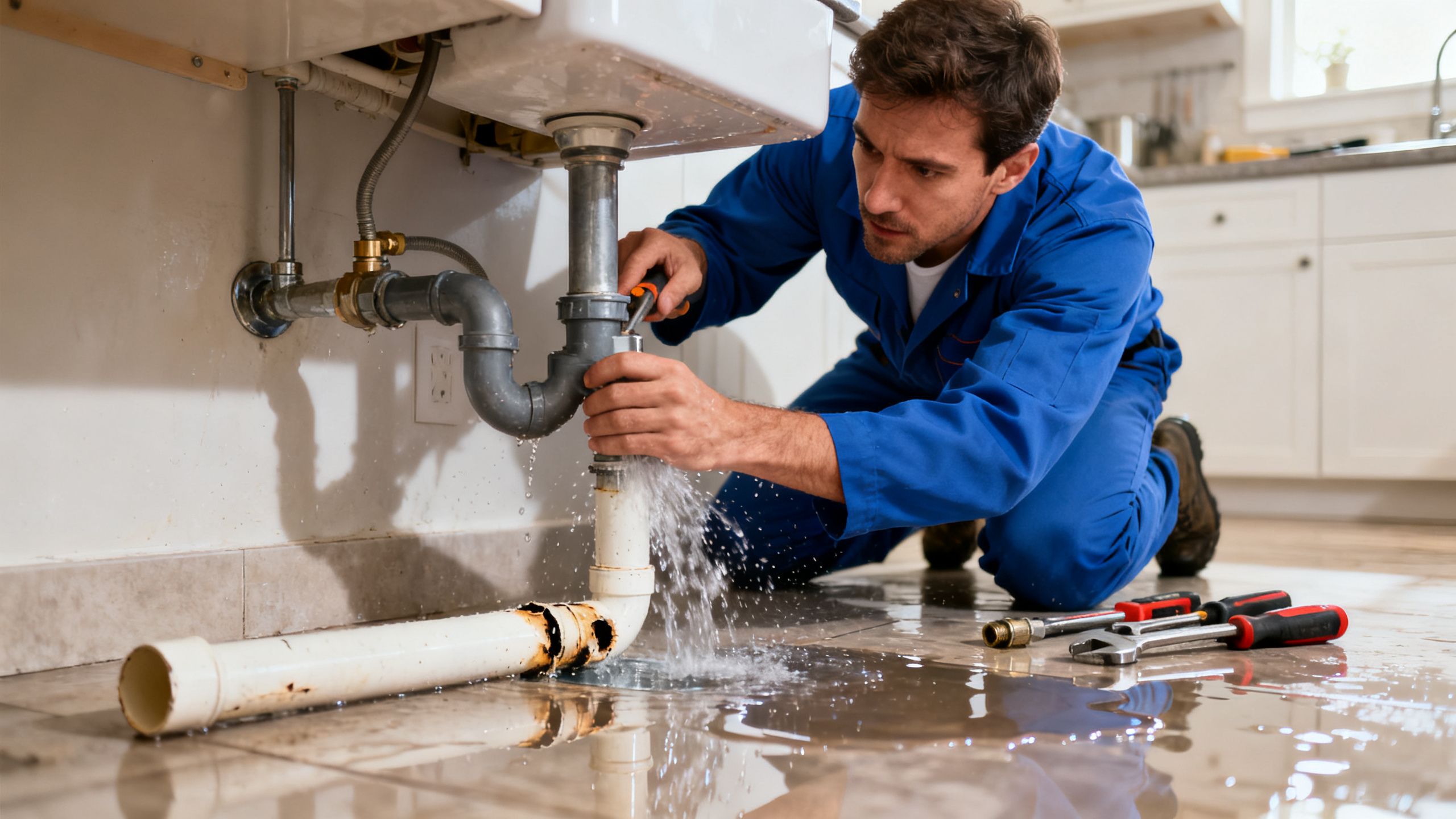 Plumber fixing a leaking pipe under a sink.