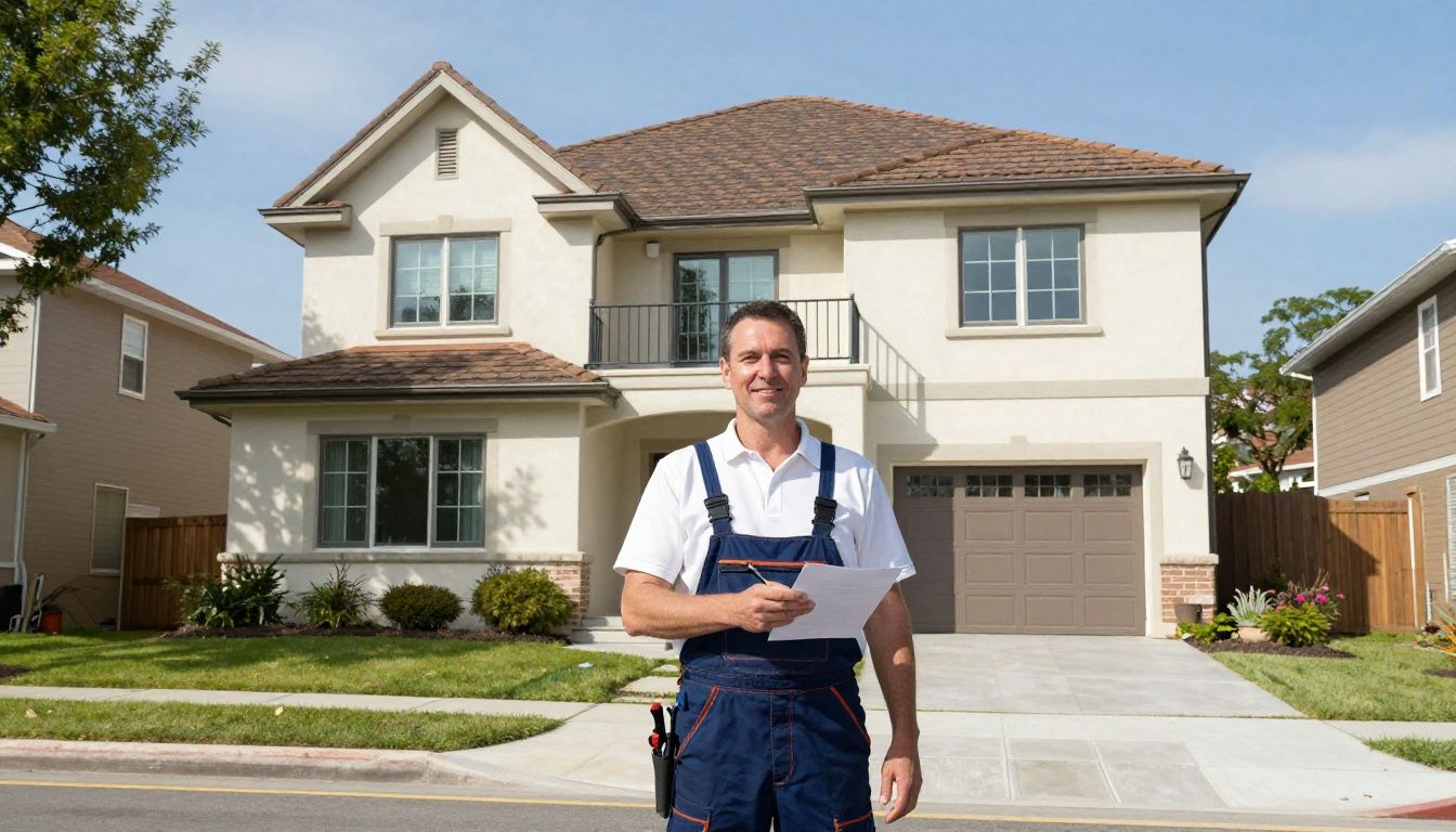 An experienced contractor wearing professional gear stands beside a beautifully restored stucco residential home in a bright suburban neighborhood.