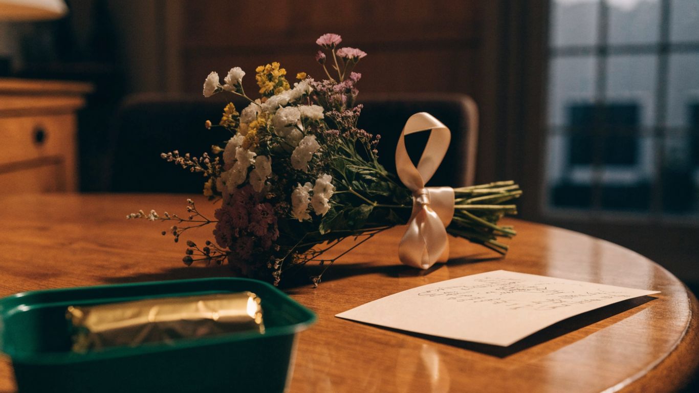Flowers and a handwritten anniversary card on a table
