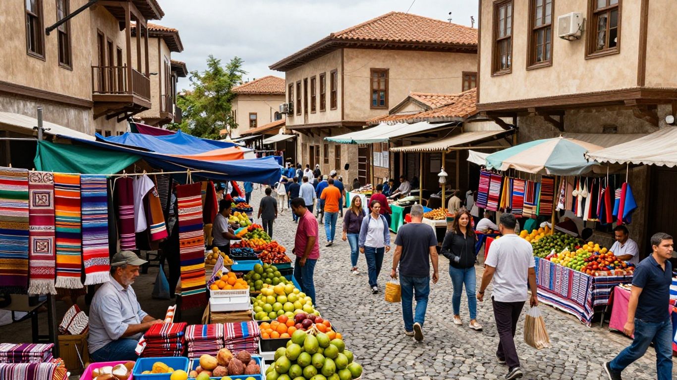 A vibrant bustling market filled with colorful local goods