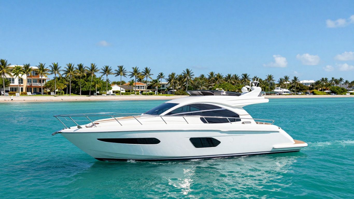 Luxury yacht sailing on clear blue ocean near Fort Lauderdale.