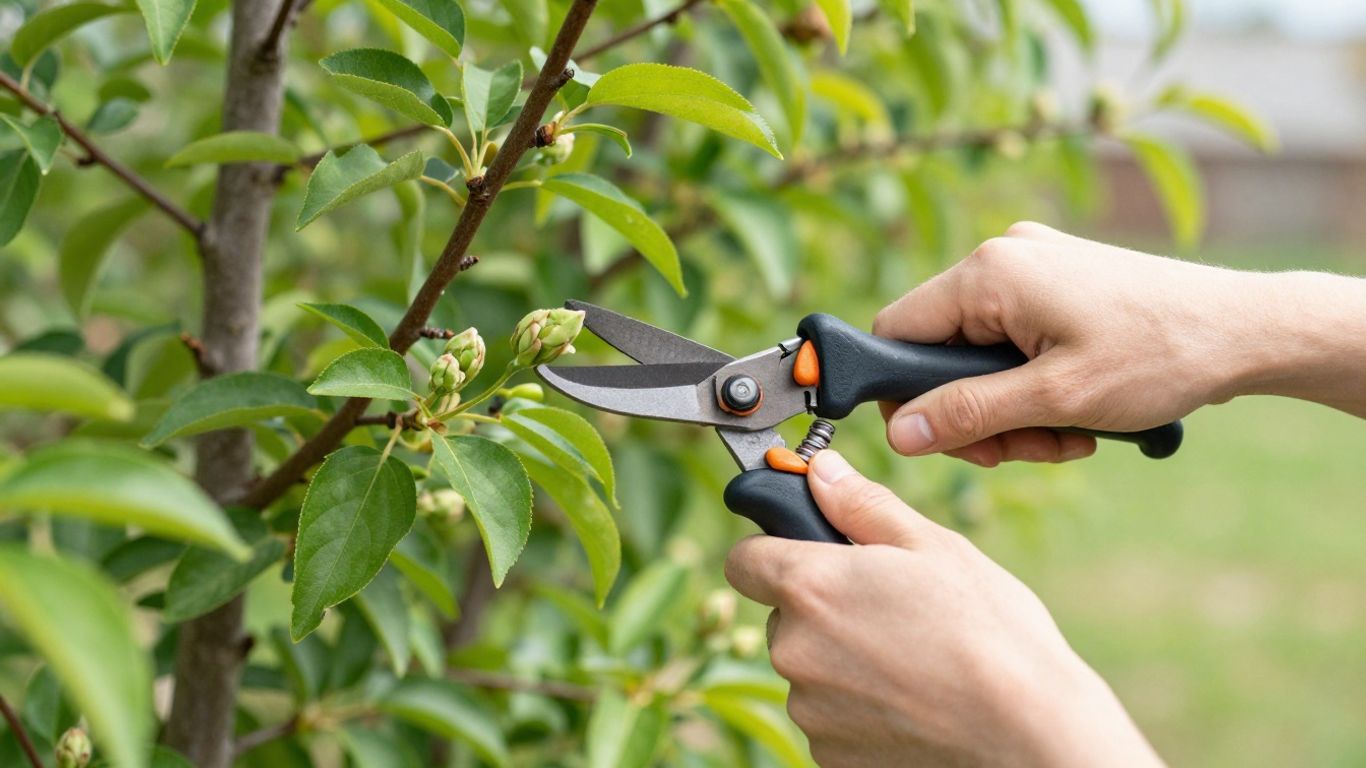 Gardener pruning a fruit tree in early spring.