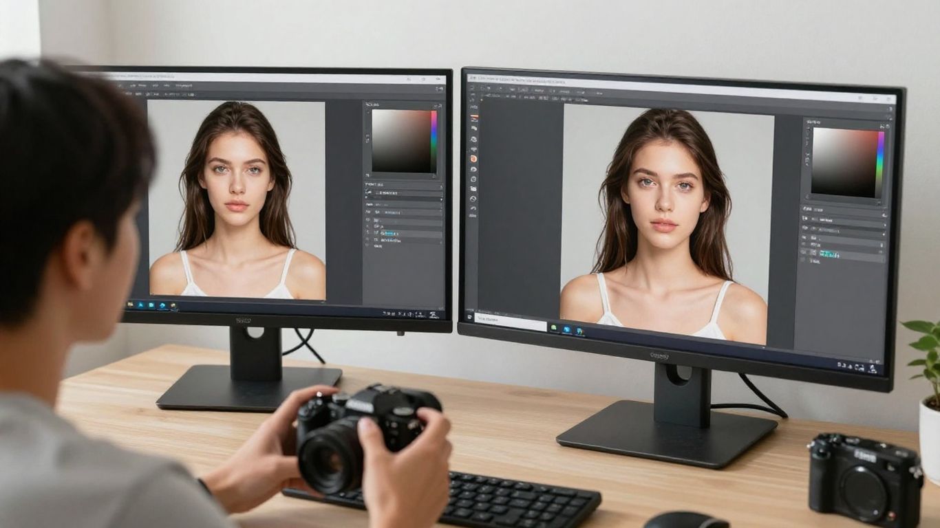 Photographer comparing original and processed images