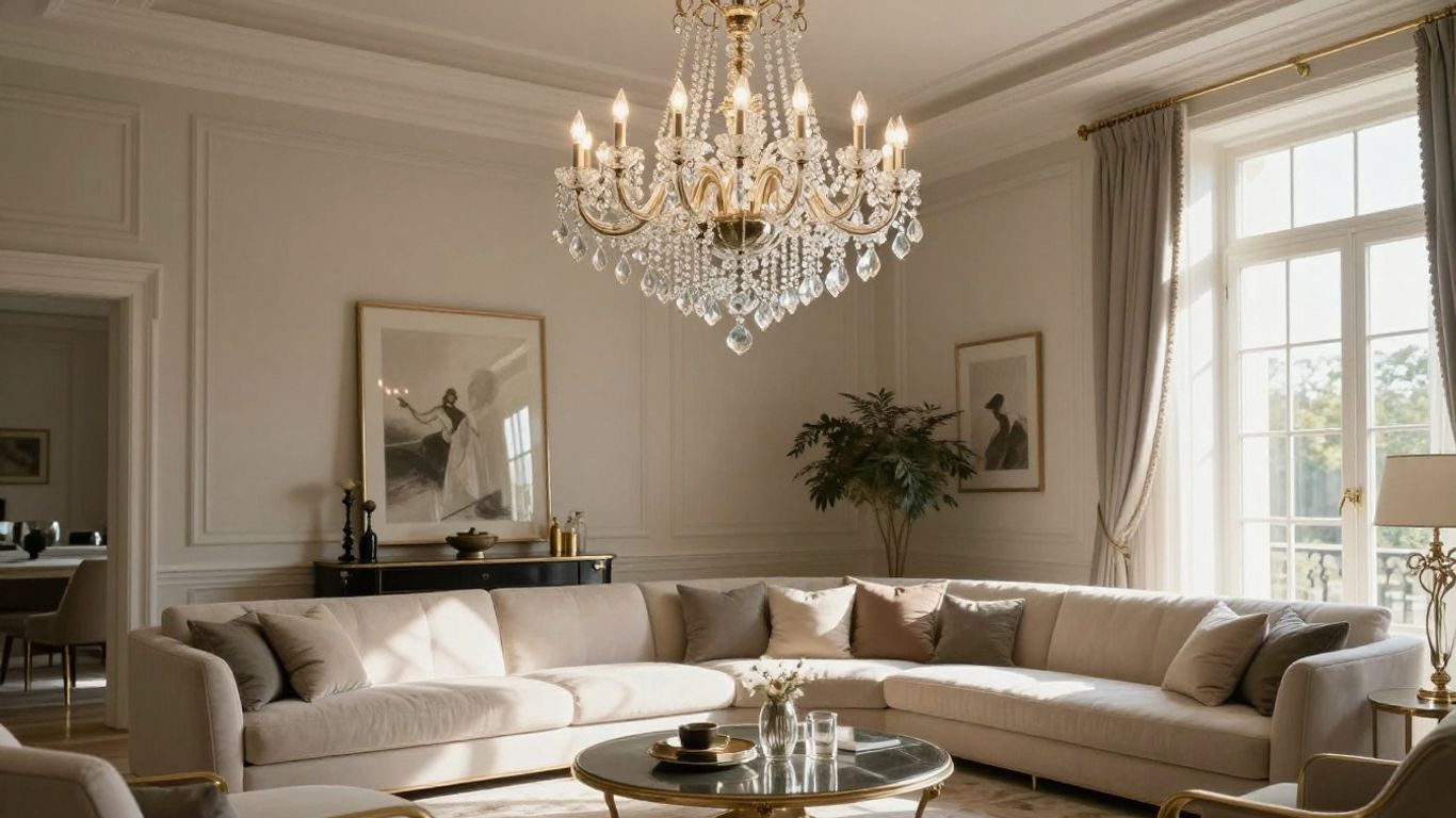 Elegant living room with a small crystal chandelier.