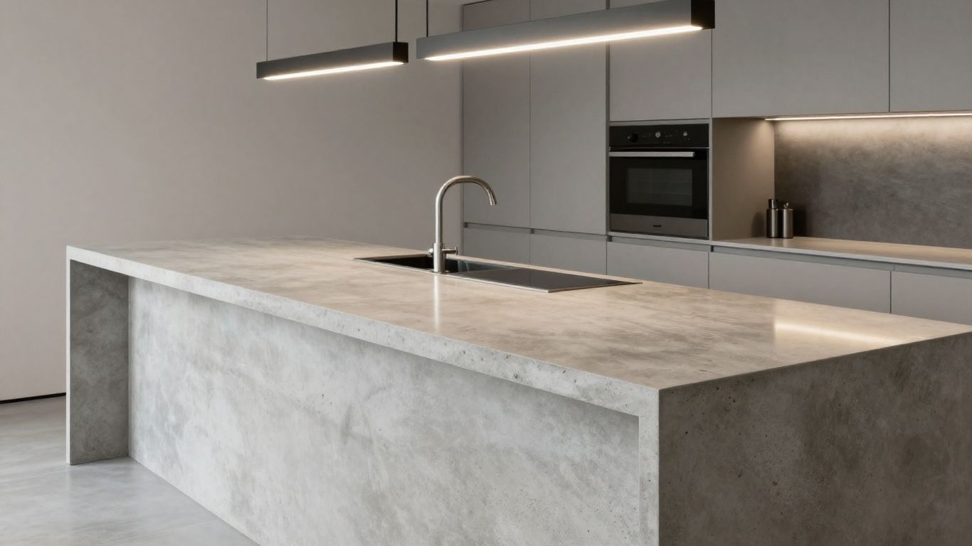 Modern kitchen with a polished cement worktop.