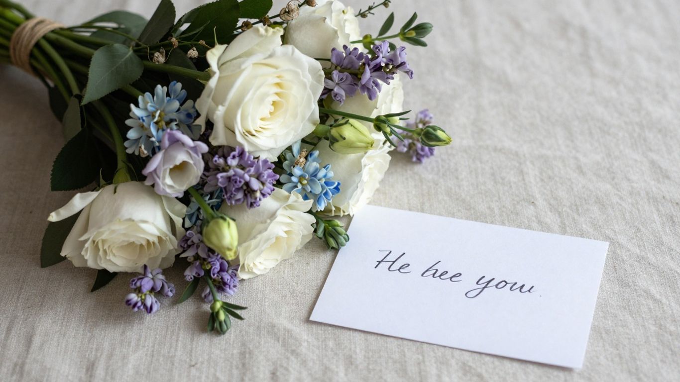 Sympathy bouquet beside a handwritten card