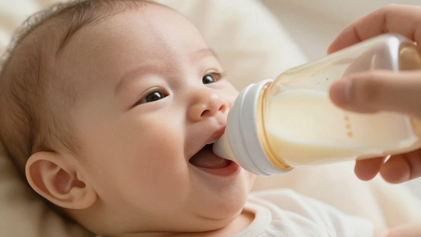 Bebé sonriendo con un biberón de leche.