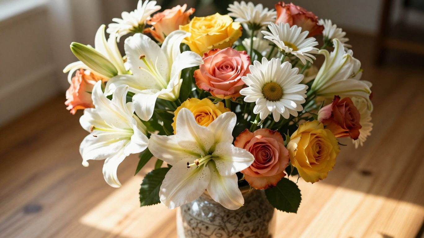Colorful floral arrangement with roses and lilies in a vase.