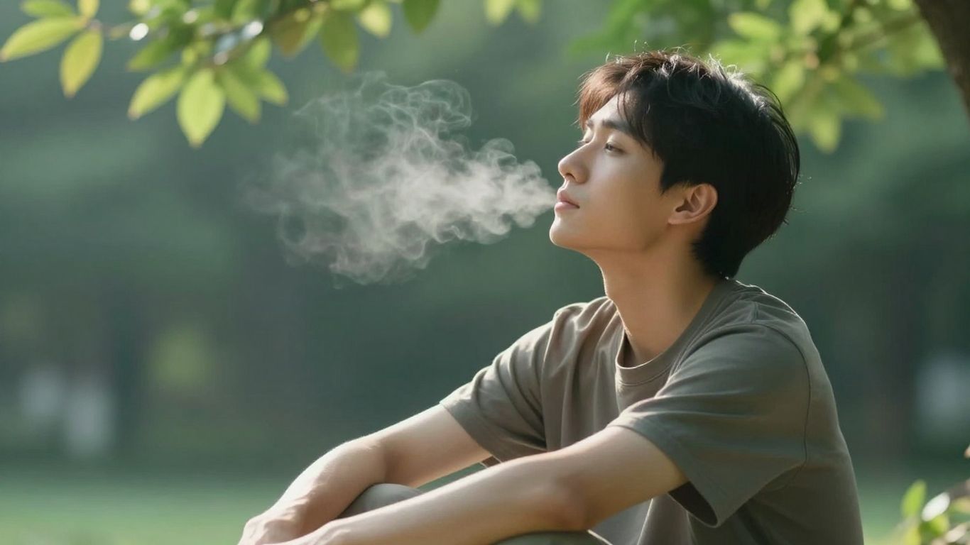 Person breathing calmly outdoors beside trees