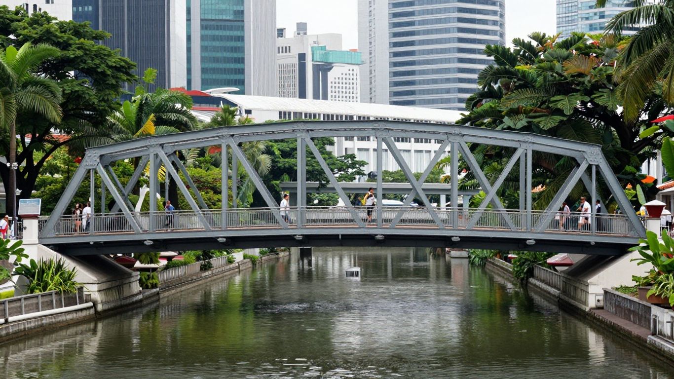 Steel pedestrian bridge over Singapore city walkway