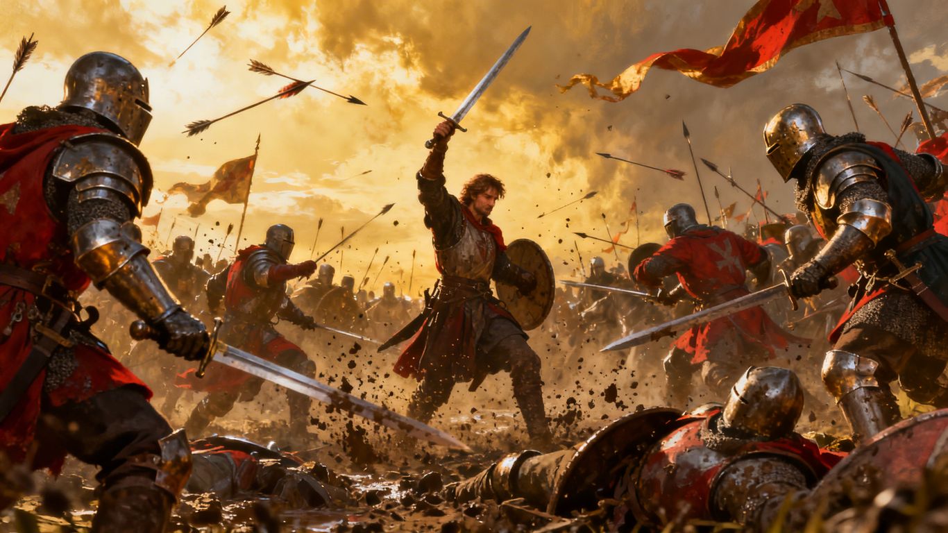 Knights battling fiercely in a medieval war scene.