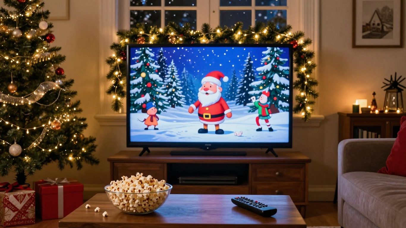 Christmas movie playing beside holiday decorations