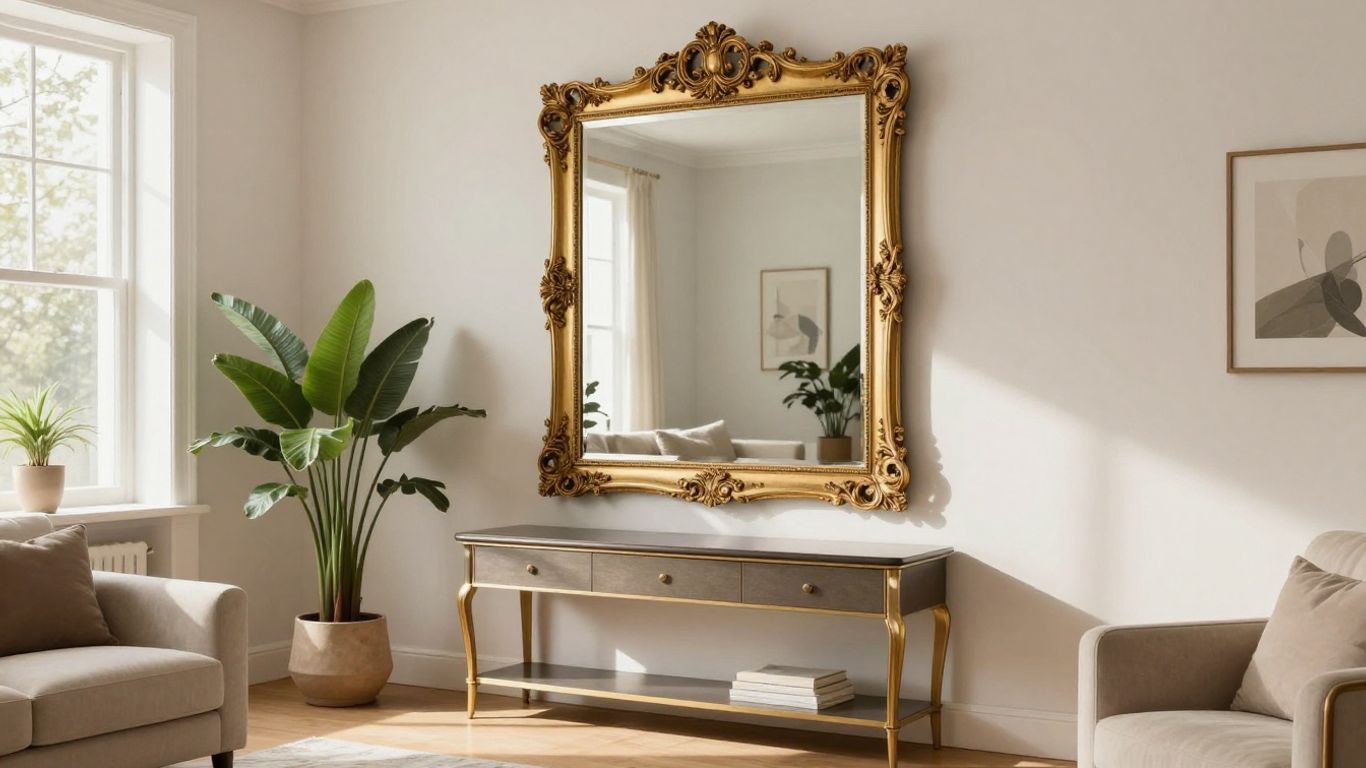 Large ornate mirror above console table in living room.