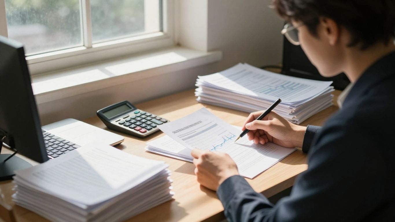 Accountant reviewing financial documents for a nonprofit.