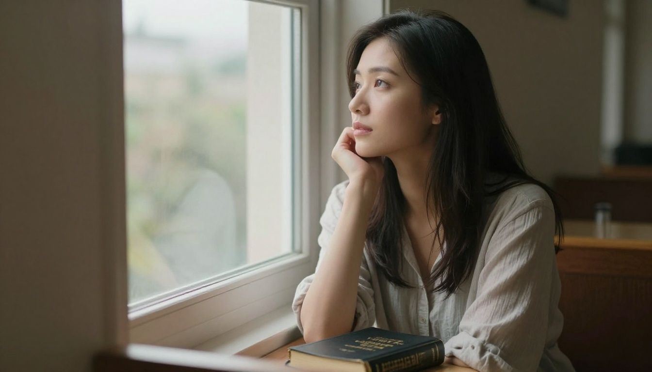 A woman sits quietly on a window seat, looking out the window with a thoughtful and serene expression, a Bible resting in her lap. The morning light is soft and gentle.