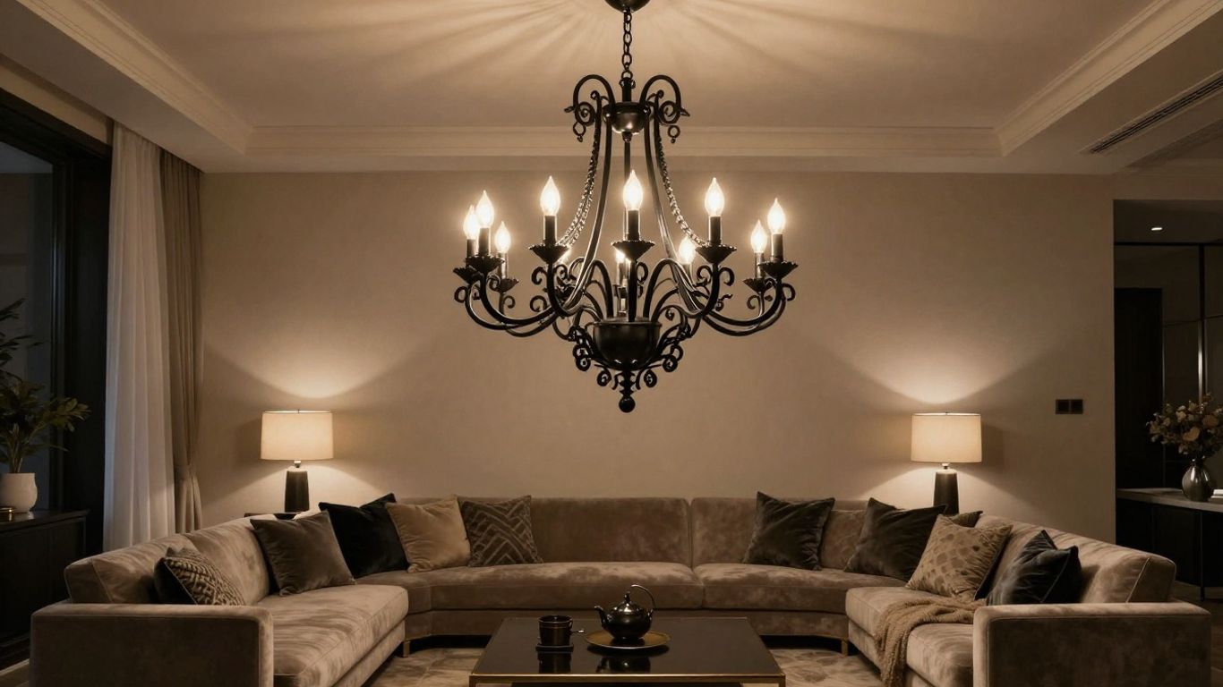 Elegant black chandelier in a modern living room.