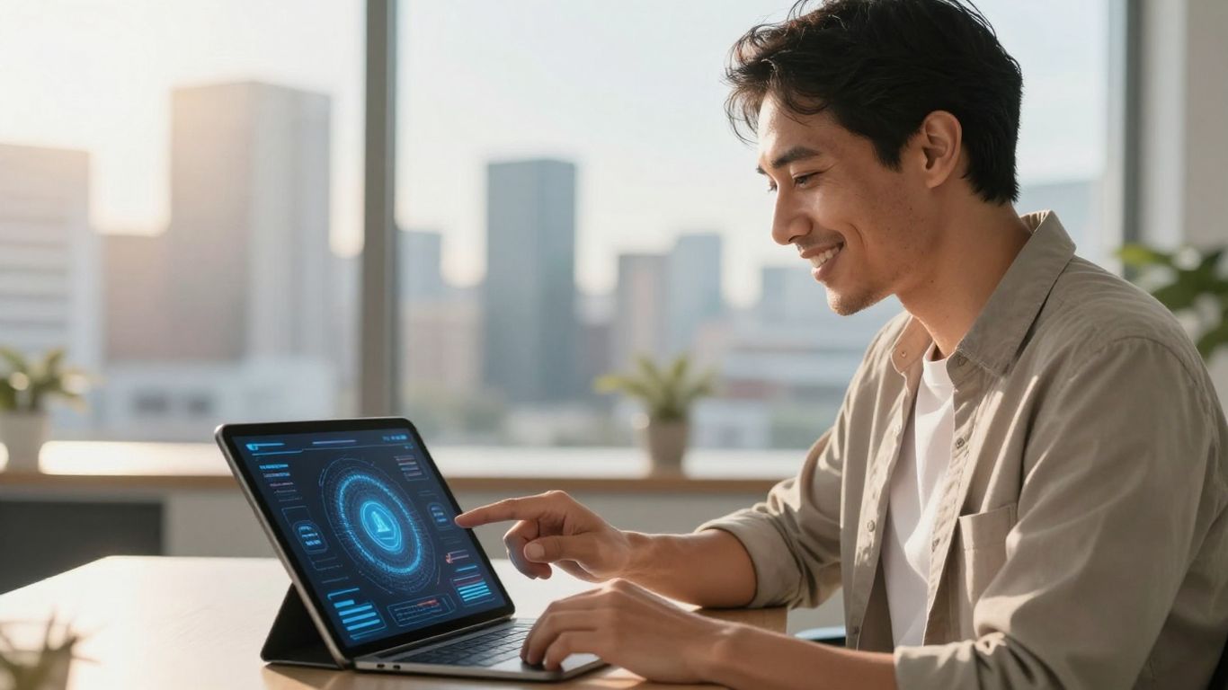 Small business owner using AI tool on tablet