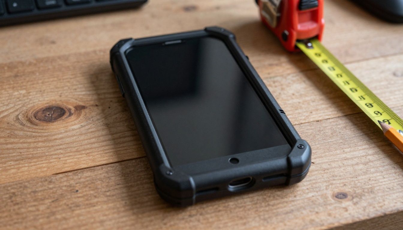 A generic smartphone in a black rugged, heavy-duty case rests on a wooden workbench next to a measuring tape and a pencil.