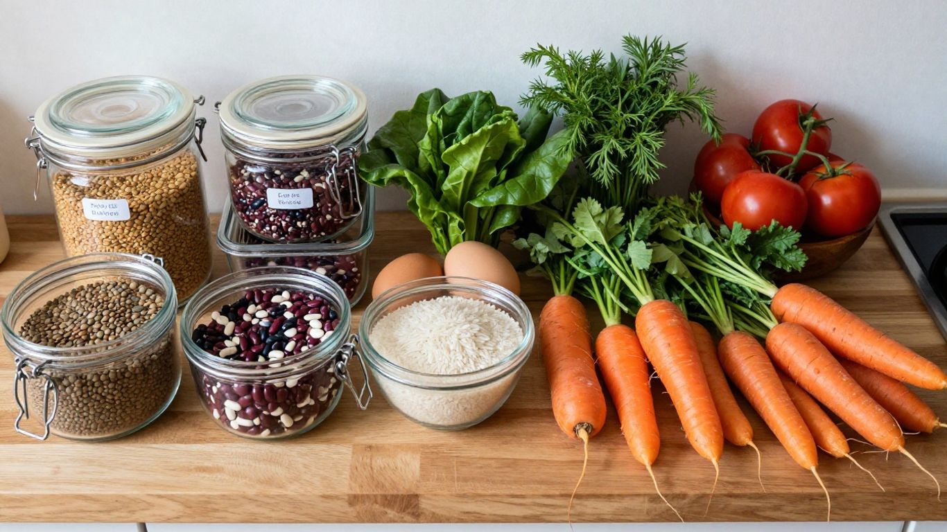 Colourful budget ingredients arranged for batch cooking