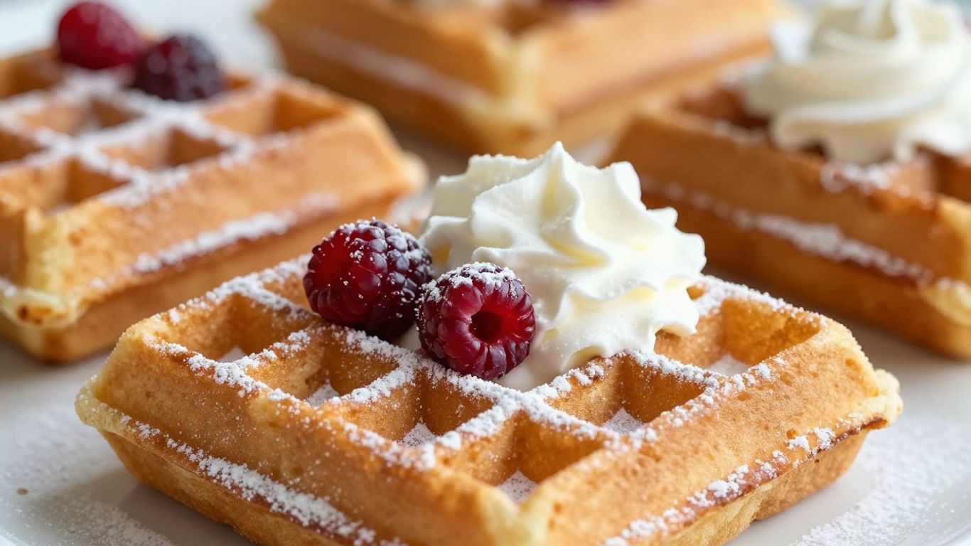 Delicious Belgian waffles with berries and whipped cream.