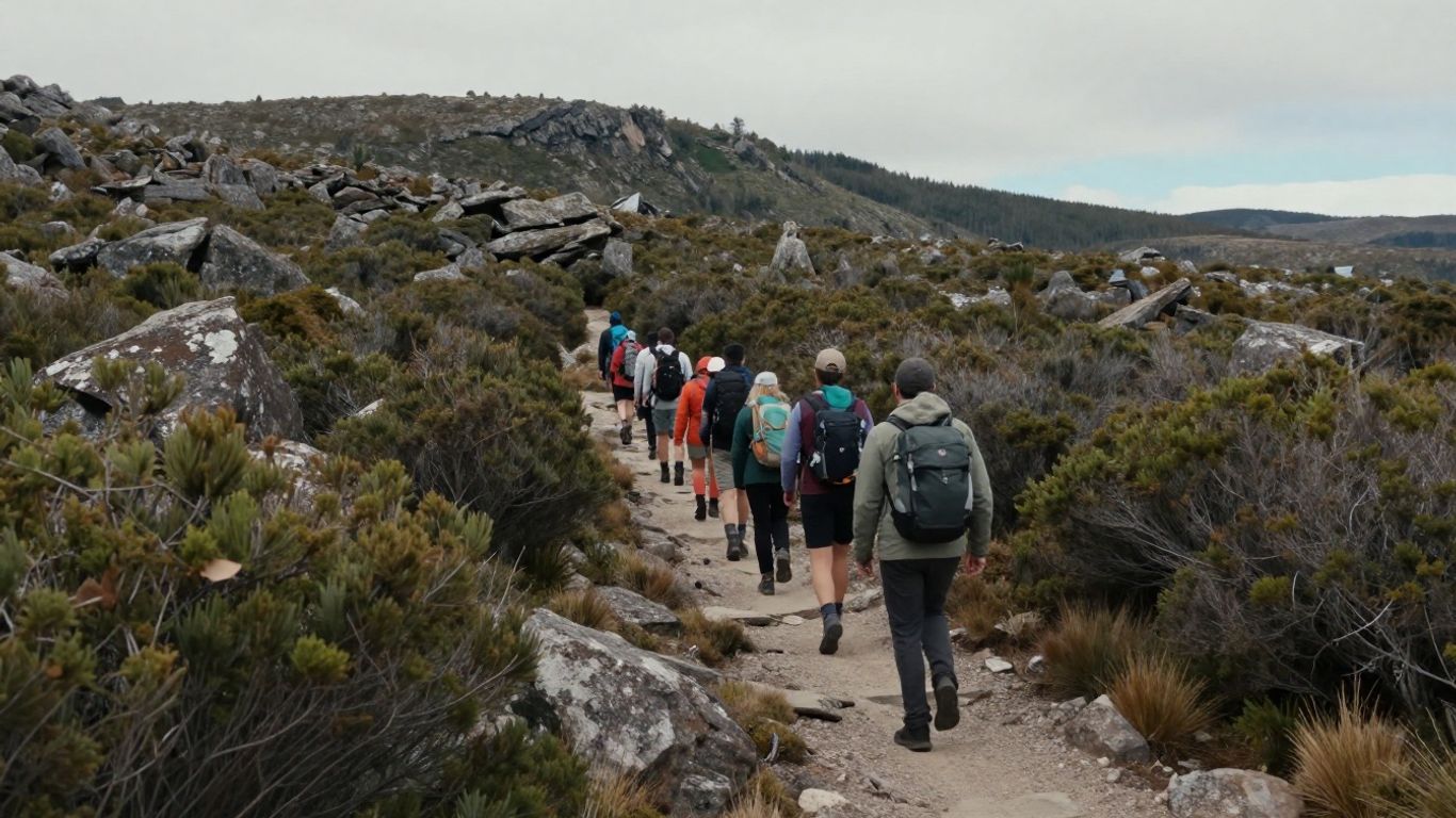 Hikers crossing a rugged Tasmanian landscape