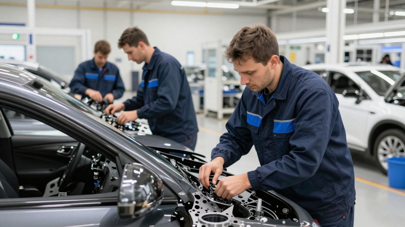 Automobilproduktion: Teamarbeit und Zeitarbeit in der Fertigung.