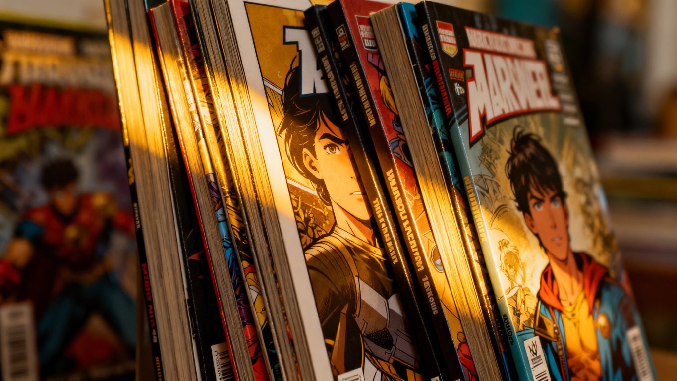 Colorful graphic novels stacked, showcasing diverse artwork.