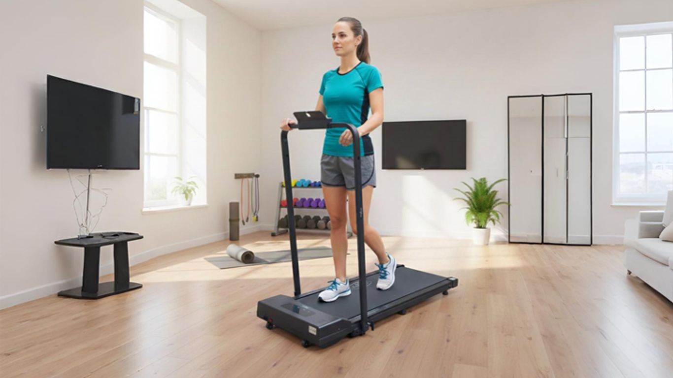 A person walks on a treadmill in a bright, modern home gym.