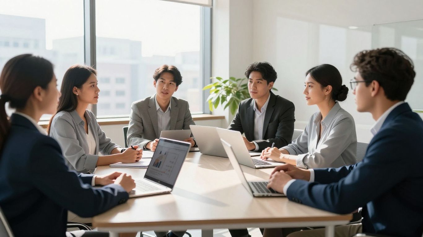 Professionals collaborating in a bright, modern office.