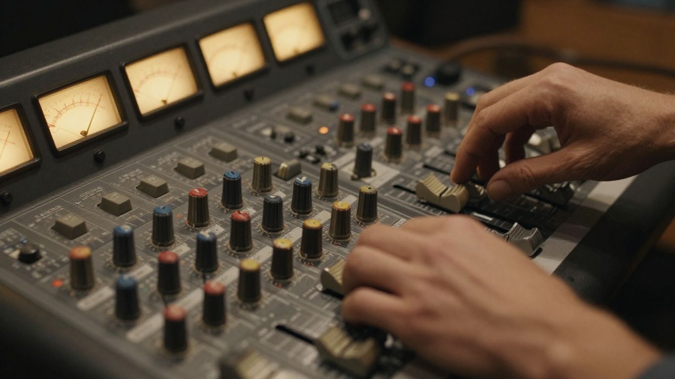 Mixing console with glowing meters and hands adjusting faders.