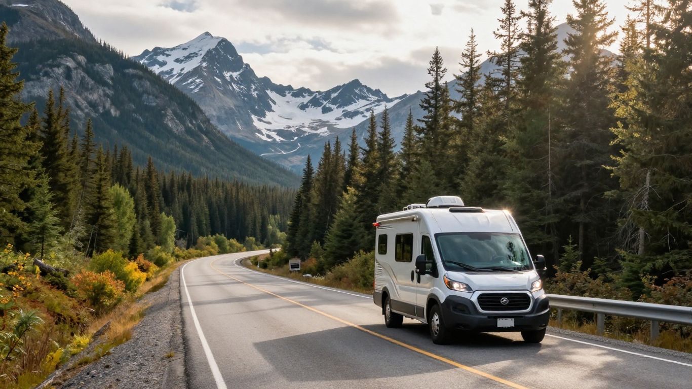 Motorhome on a scenic Canadian highway with mountains.