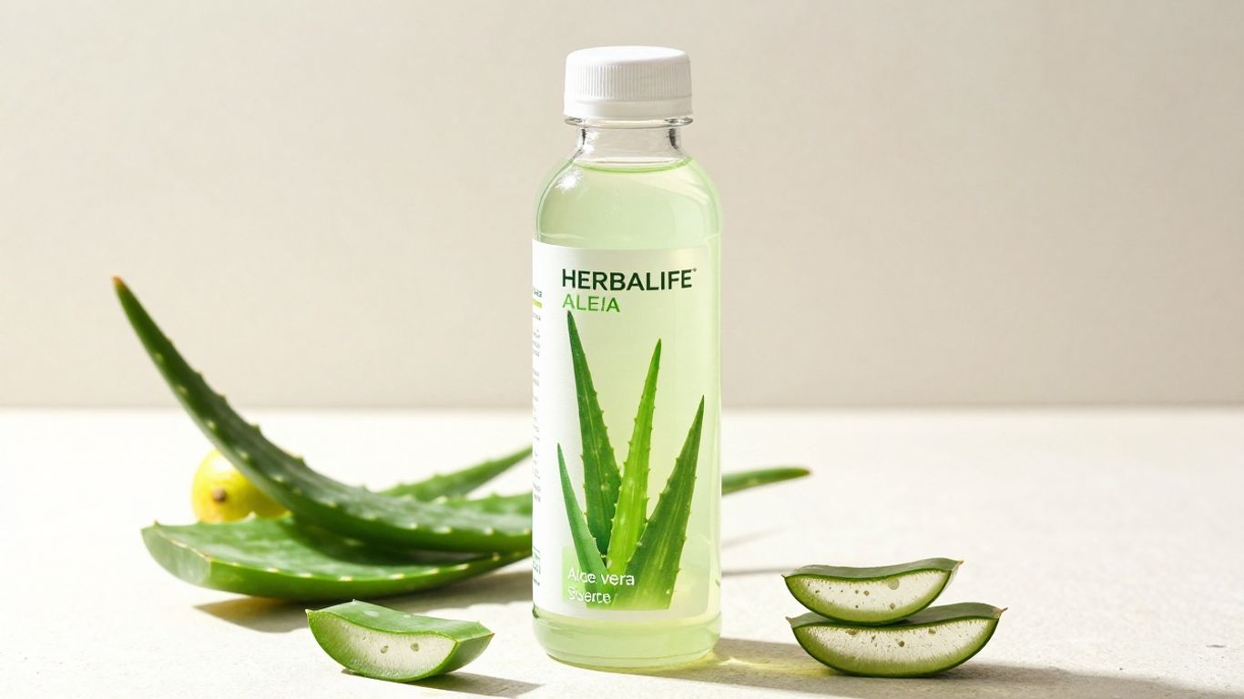 Herbalife Aloe Vera Juice bottle with fresh aloe leaves.