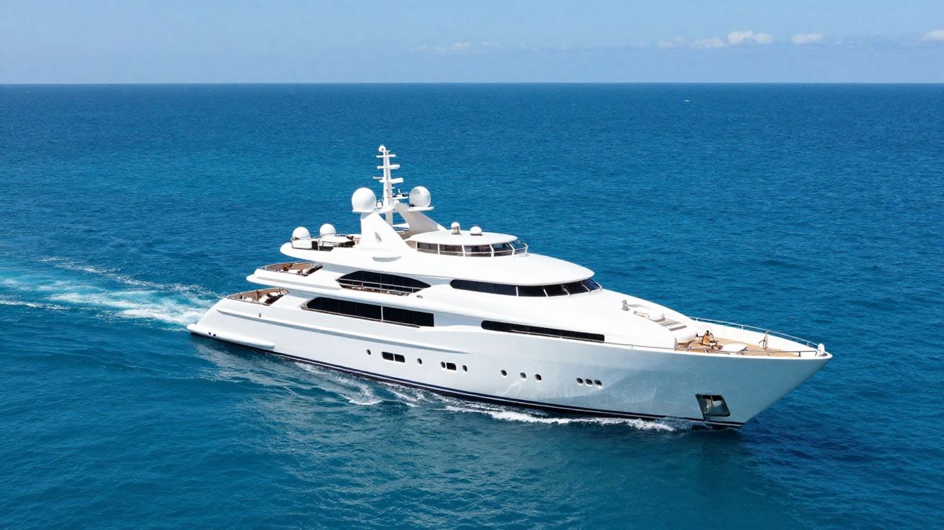 Luxury yacht sailing on a clear blue ocean.