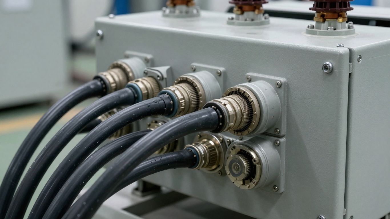 Industrial 480V 3-phase power distribution panel and cables.