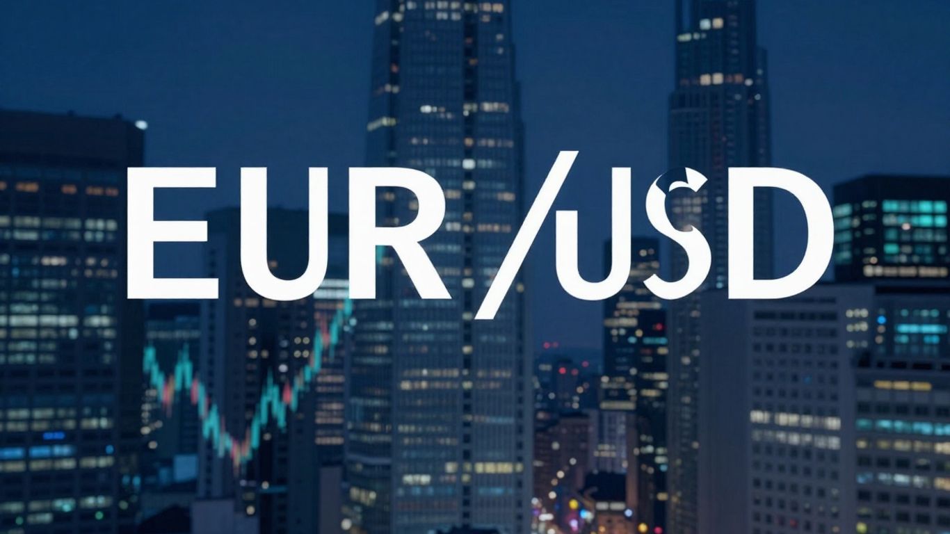 EUR/USD currency pair with cityscape backdrop.