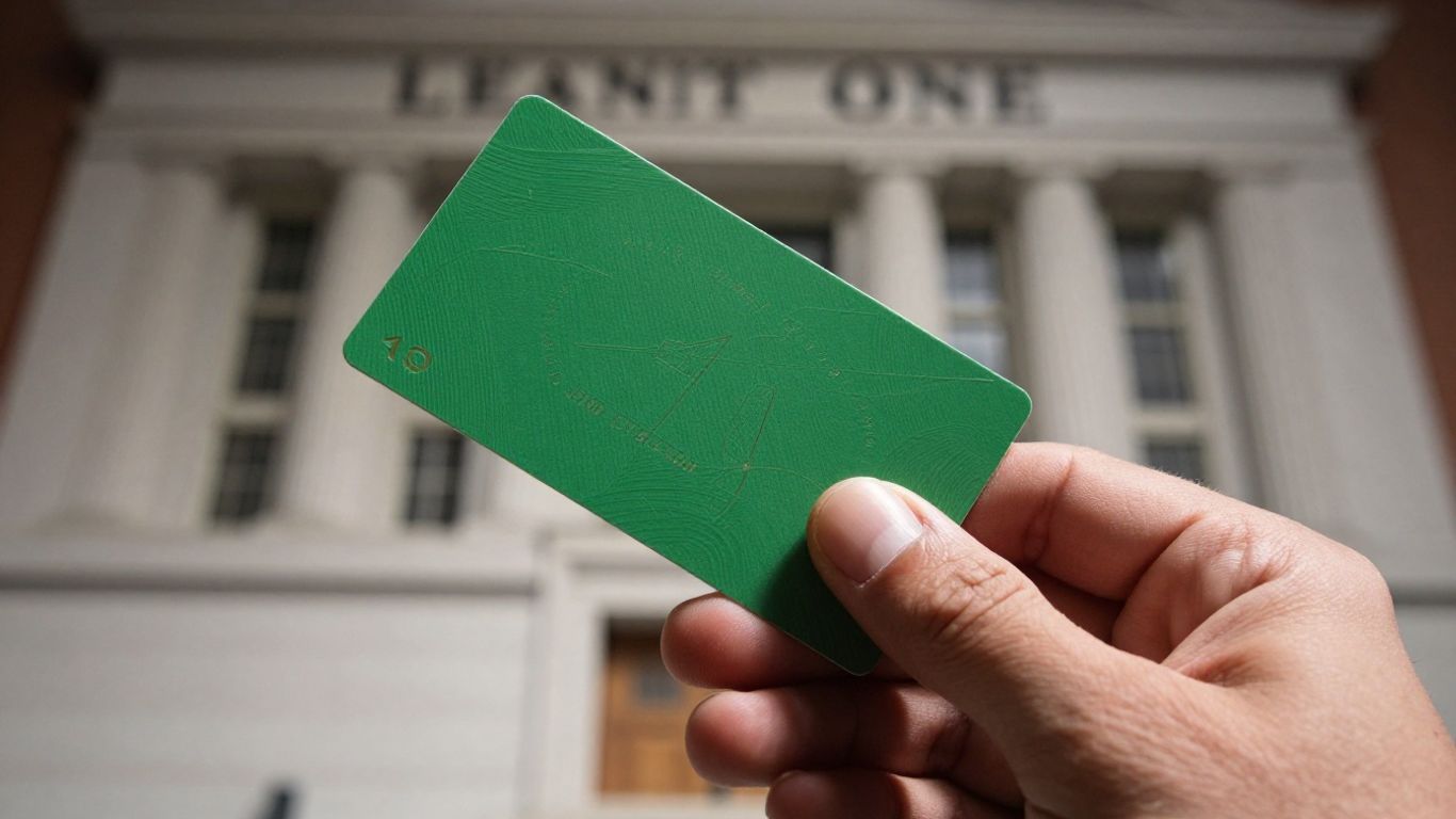 Manos sosteniendo una Green Card con un fondo legal.