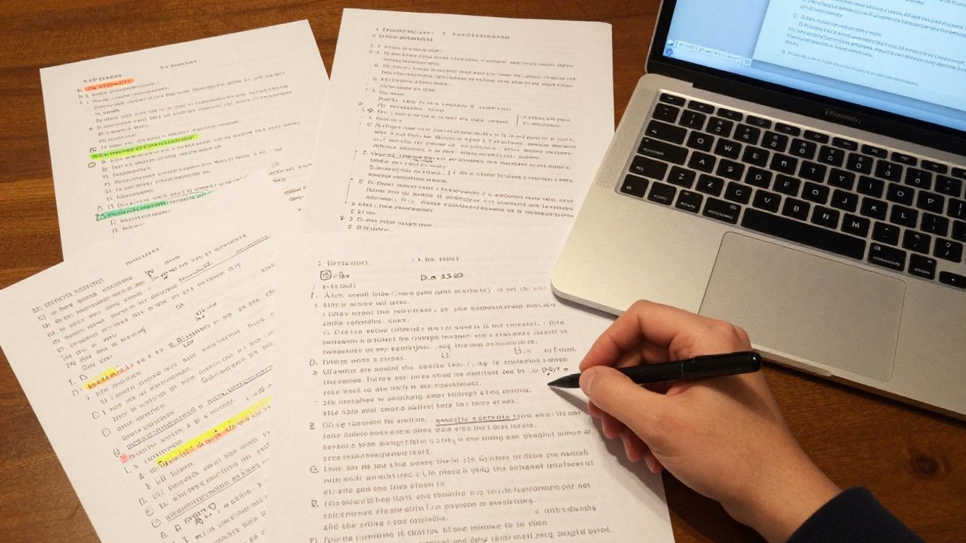 Student organizing printed essay drafts beside laptop