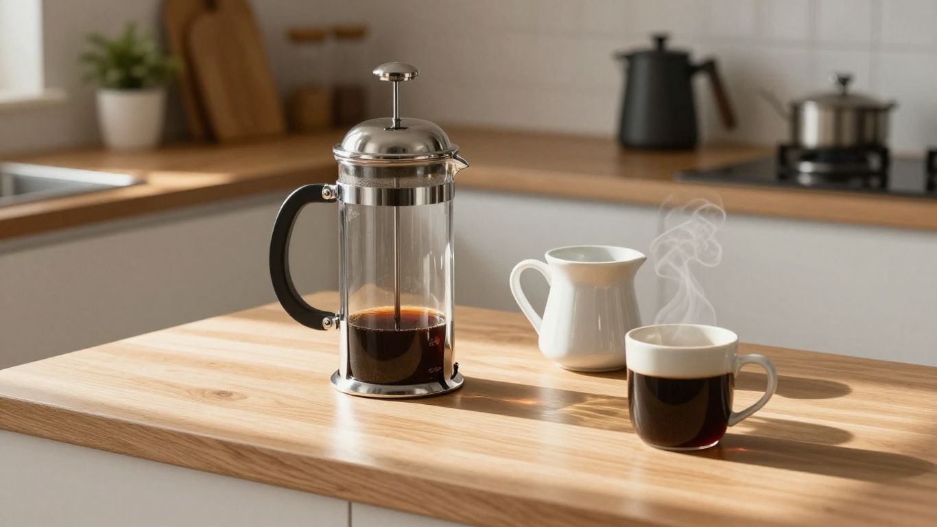 Glass French press and ceramic coffee pot on kitchen counter